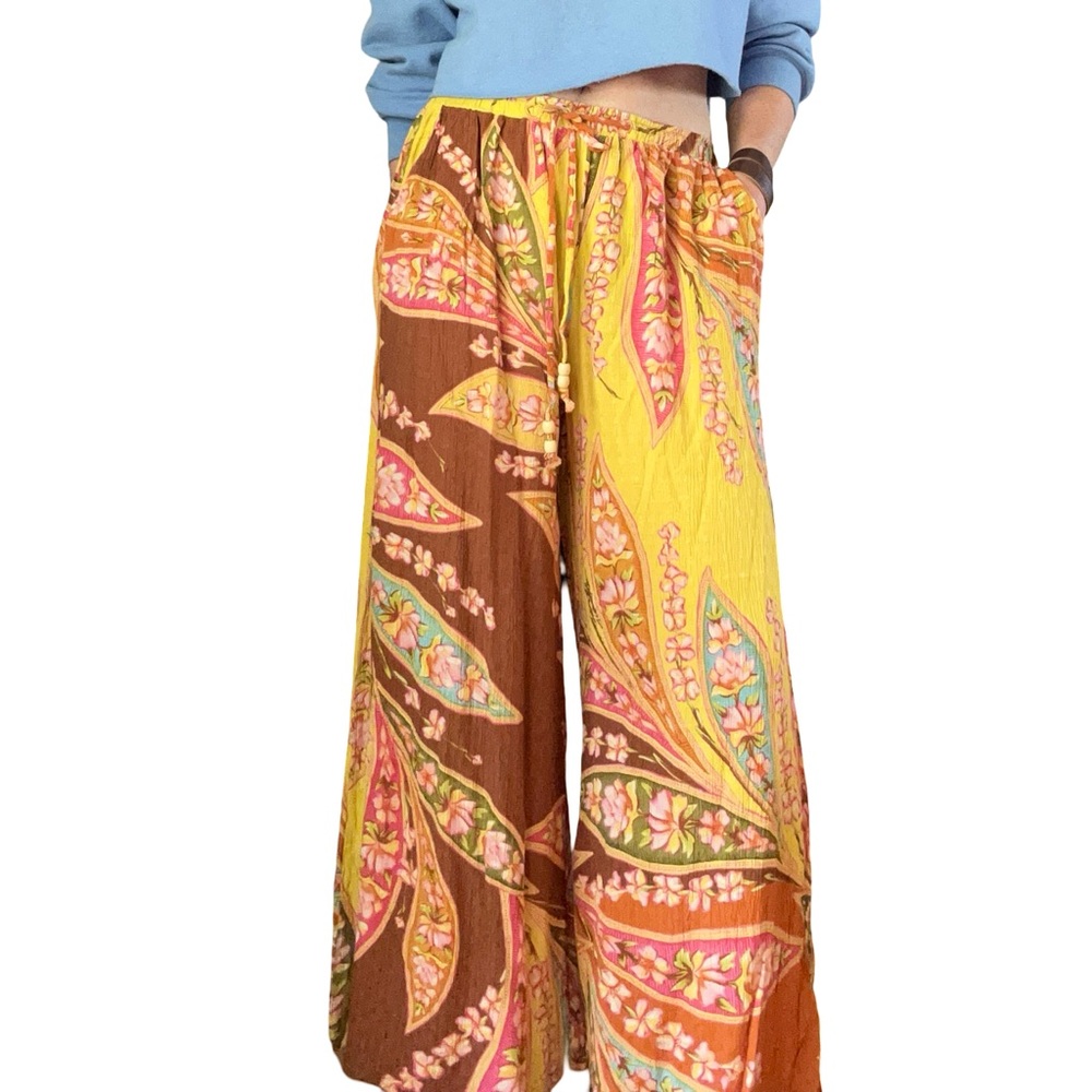 Haute Hippie Orange Yellow Floral Wide Leg Palazzo Print Crepe Pants Size Large - Picture 4 of 13